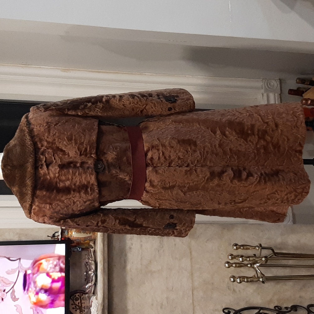 Luxurious Brown real broadtail lamb  Fur Coat with Red Belt Fits Small / - Picture 5 of 14